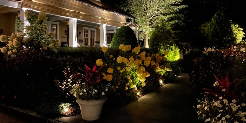 Lighting up your garden at night with landscape lighting.